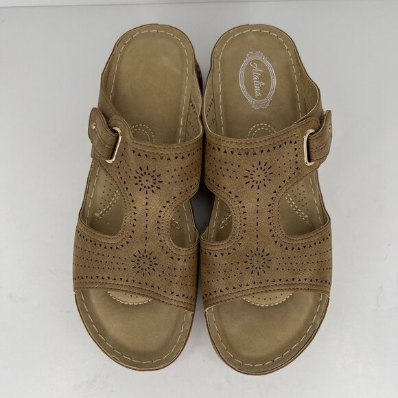 Atalina SuedeLook Comfort Feel Sandals Womens Size 9.5 EU 41 Tan Wedge Heels - Picture 5 of 9